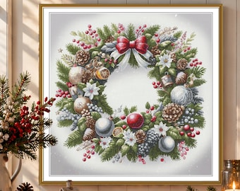 Julkrans korsstygnskit, vinterhelgbroderi, festligt botaniskt handarbete