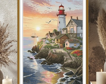 Lighthouse Sunset Cross Stitch Kit | Seaside Town Embroidery, Aida 16