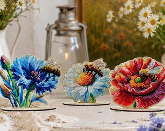 Flower Bead Embroidery Kits on Wood, Poppy Daisy Cornflower Gift Set