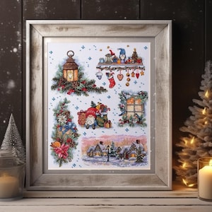 Winter Gnome Cross Stitch Kit, Snowy Village Christmas Sampler, DMC Threads