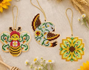Bead Embroidery Ornament Kits, Bee, Bird and Sunflower on Wood, Individual or Set