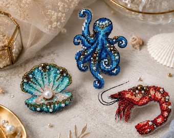 Beaded Sea Creature Cross Stitch Kits, Octopus, Shrimp or Seashell, Individual or Set