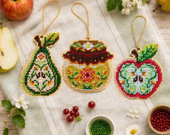 Bead Embroidery Kits on Wood, Pear, Apple, Jam Jar, Individual or Set
