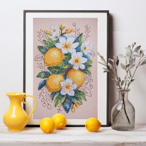 Lemon Blossoms Cross Stitch Kit • Modern Floral Embroidery, Abris Art
