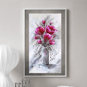 Kit fai da te per ricamo con perline su tela artistica naturale "Rosso smeraldo. Fiori. Bouquet". Per ricamo con perline secondo lo schema