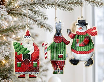 Wooden Christmas Cross Stitch Kits, Santa, Bunny and Snowman Ornaments, Individual or Set
