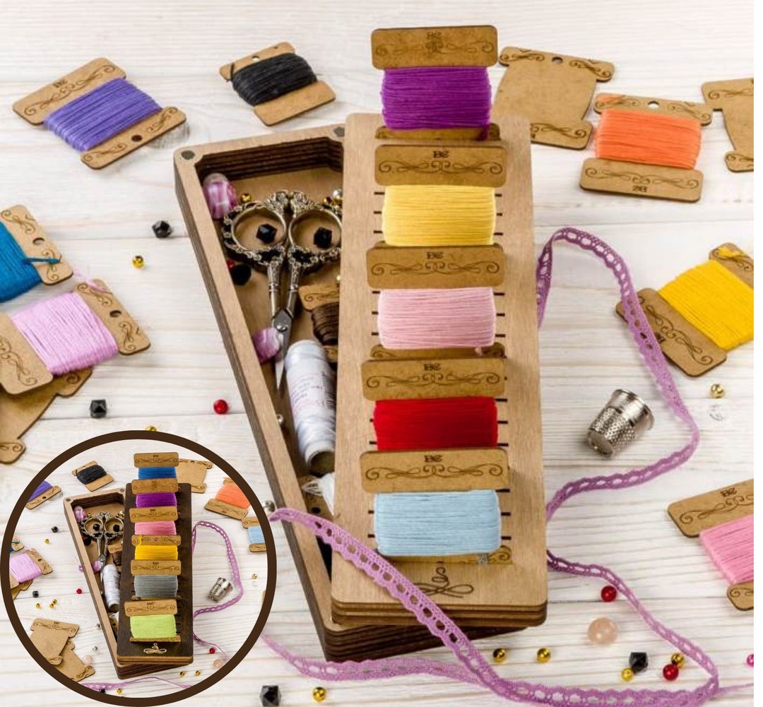 Wooden Thread Organizer Box With 23 Bobbins, Needlework Storage - Etsy