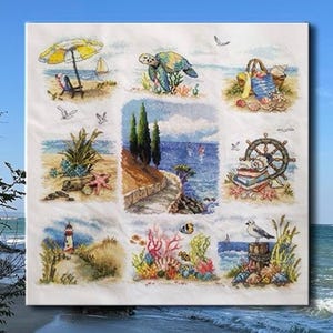 Kit punto croce "Azure Dream Summer" con filati DMC / Campionario da spiaggia: palme, stelle marine, gabbiano, sedia a sdraio, tartaruga, faro / Kit VDV