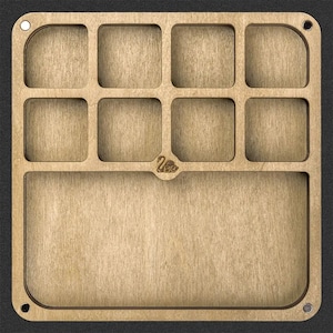 Könnte beinhalten: Ein Holzorganizer mit neun Fächern und einem großen offenen Bereich. Der Organizer hat ein Schwanenlogo in der Mitte.