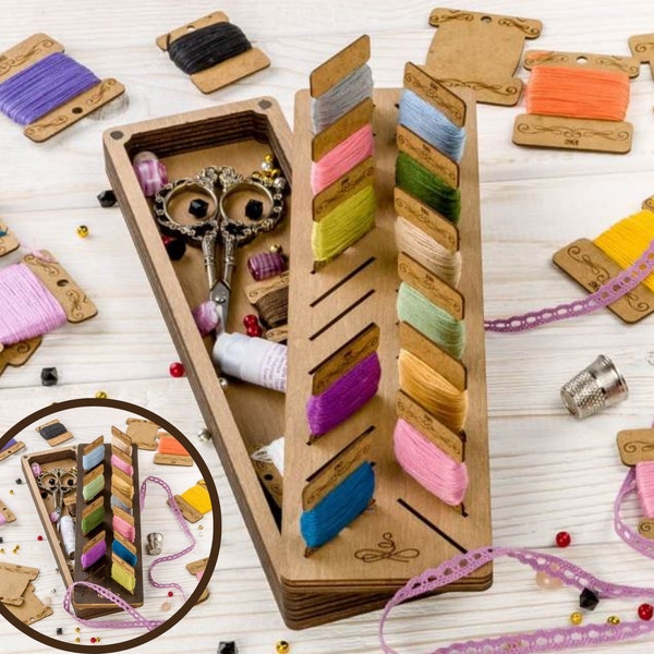 Coffret artisanal+28 bobines. Organisateur en bois pour fils et petits accessoires.Accessoire pour travaux d'aiguille. rangement des travaux d'aiguille. Accessoire utile