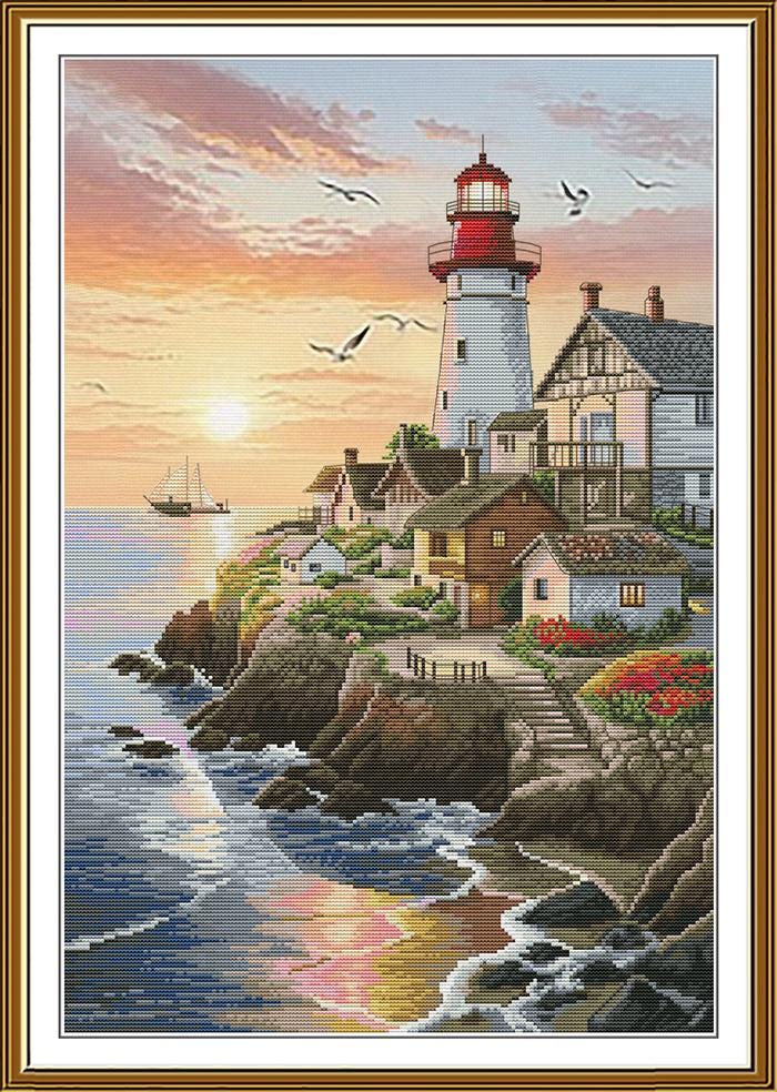 Lighthouse Sunset Cross Stitch Kit | Seaside Town Embroidery, Aida