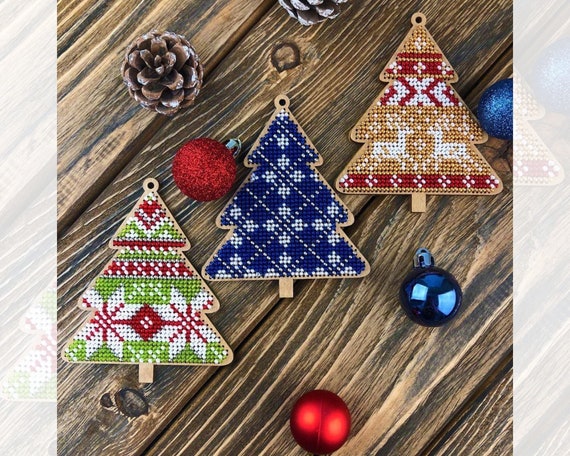 Beaded Christmas Tree Ornament DIY Kit, Embroidery on Wood