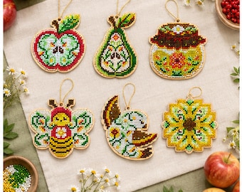Bead Embroidery Kits, Six Wooden Fruit and Garden Ornaments, Choose One or Full Set