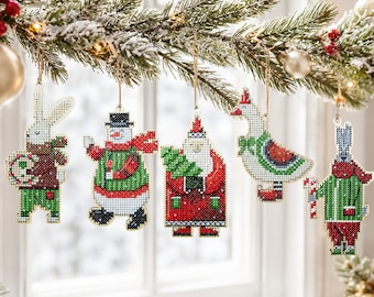Christmas Character Cross Stitch Kits, Five Beaded Wooden Ornaments, Choose One or Full Set