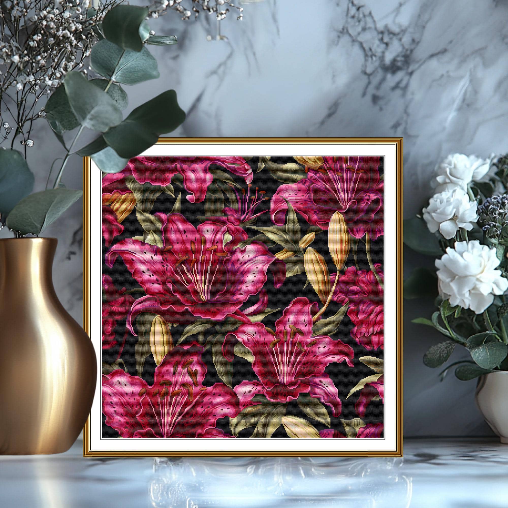 Purple Lilies Cross Stitch Kit on Tinted Aida Fabric – Nova