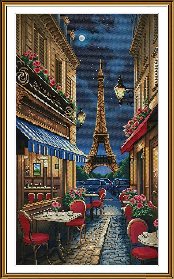 フリード・カール・ゴッチ、エッフェル塔，パリ、希少画集画、新品高級額・額装付 パリの夜のクロスステッチキット | エッフェル塔とカフェの刺繍 - Etsy