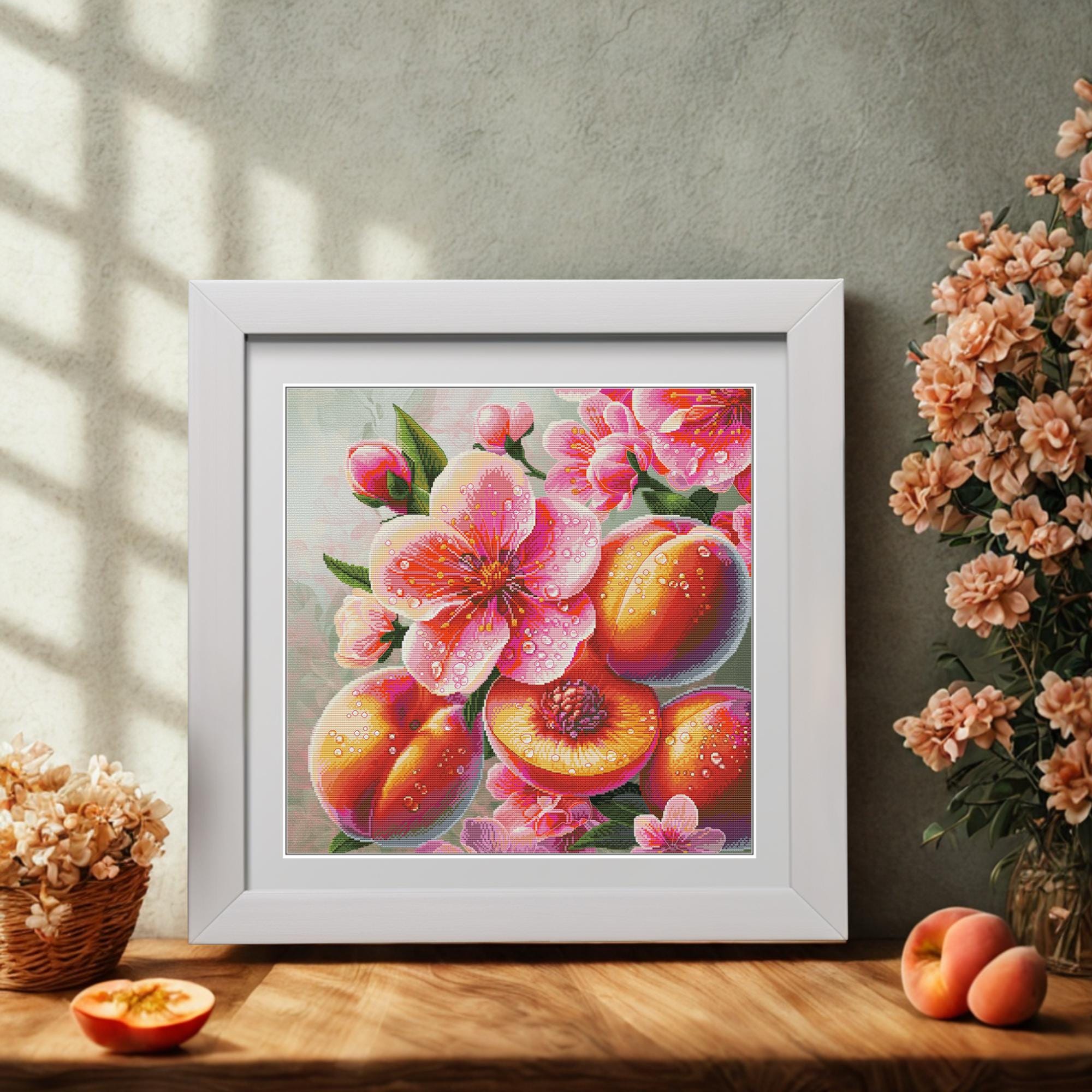 Peach Blossom Cross Stitch Kit | Summer Garden Embroidery (40x40cm