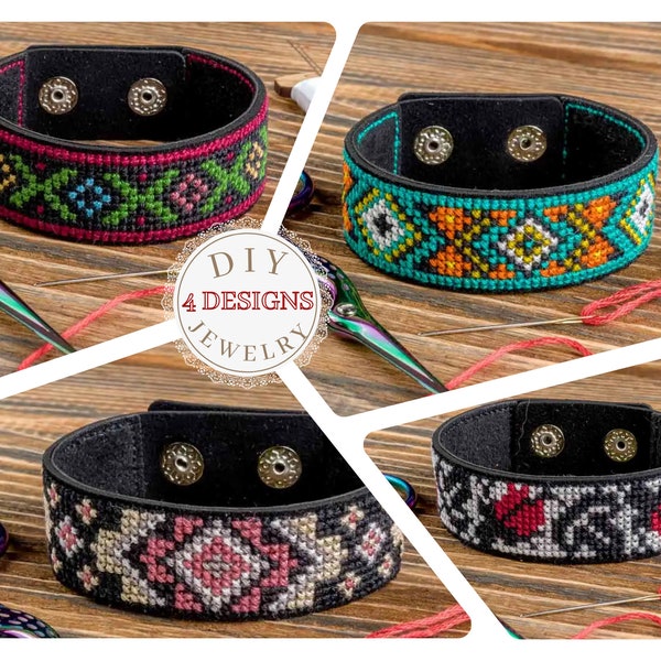 Cross-stitch kit on artificial leather, Bracelet making DIY/cross-stitch embroidery pattern, handmade tribal style wristband, Jewelry Making