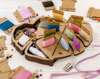 Handicraft box "Monstera" + 21 bobbins. Wooden organizer for threads and small accessories. Accessory for needlework. needlework storage