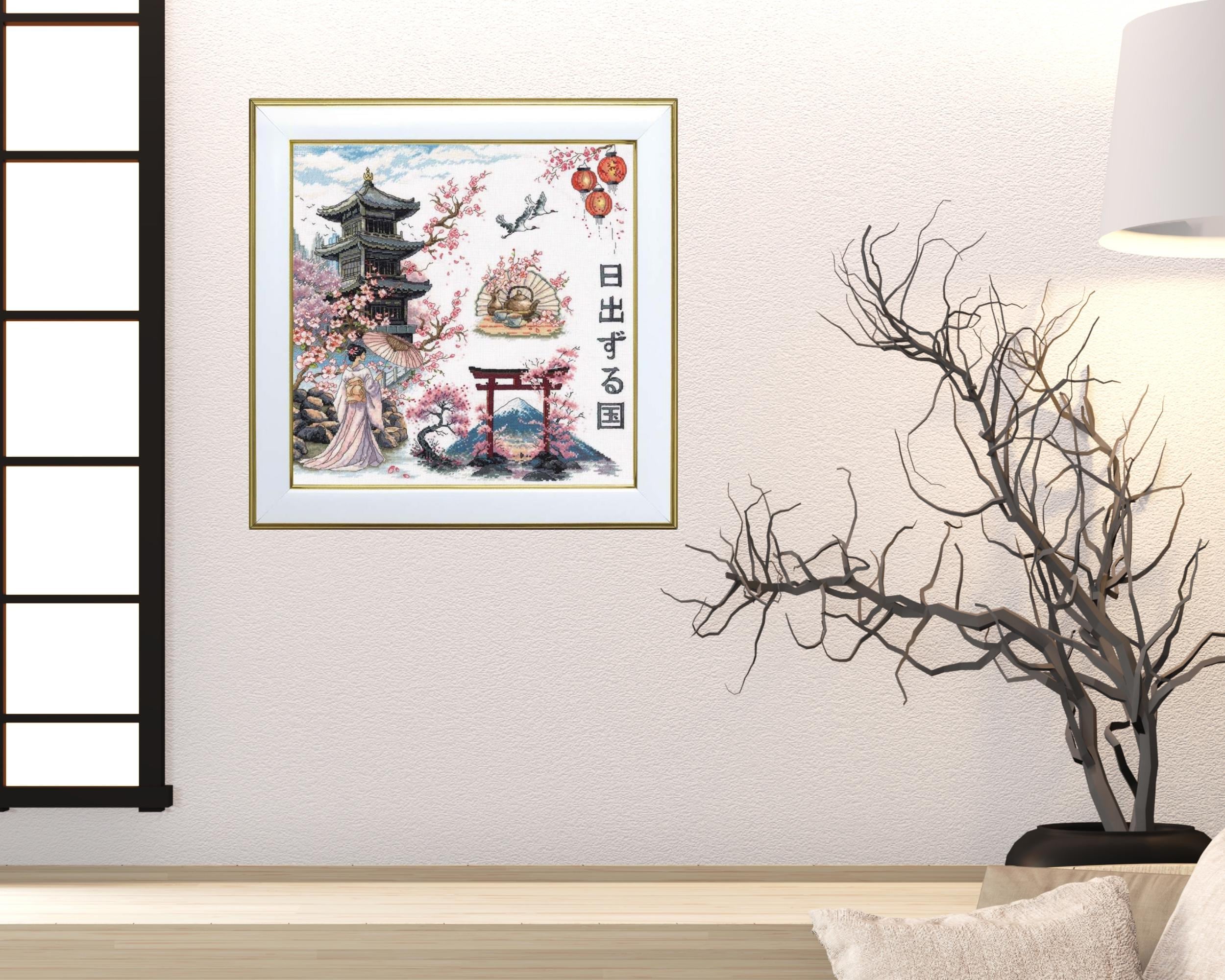 Japanese Sakura Bloom Cross Stitch Kit | Geisha, Pagoda, Lanterns