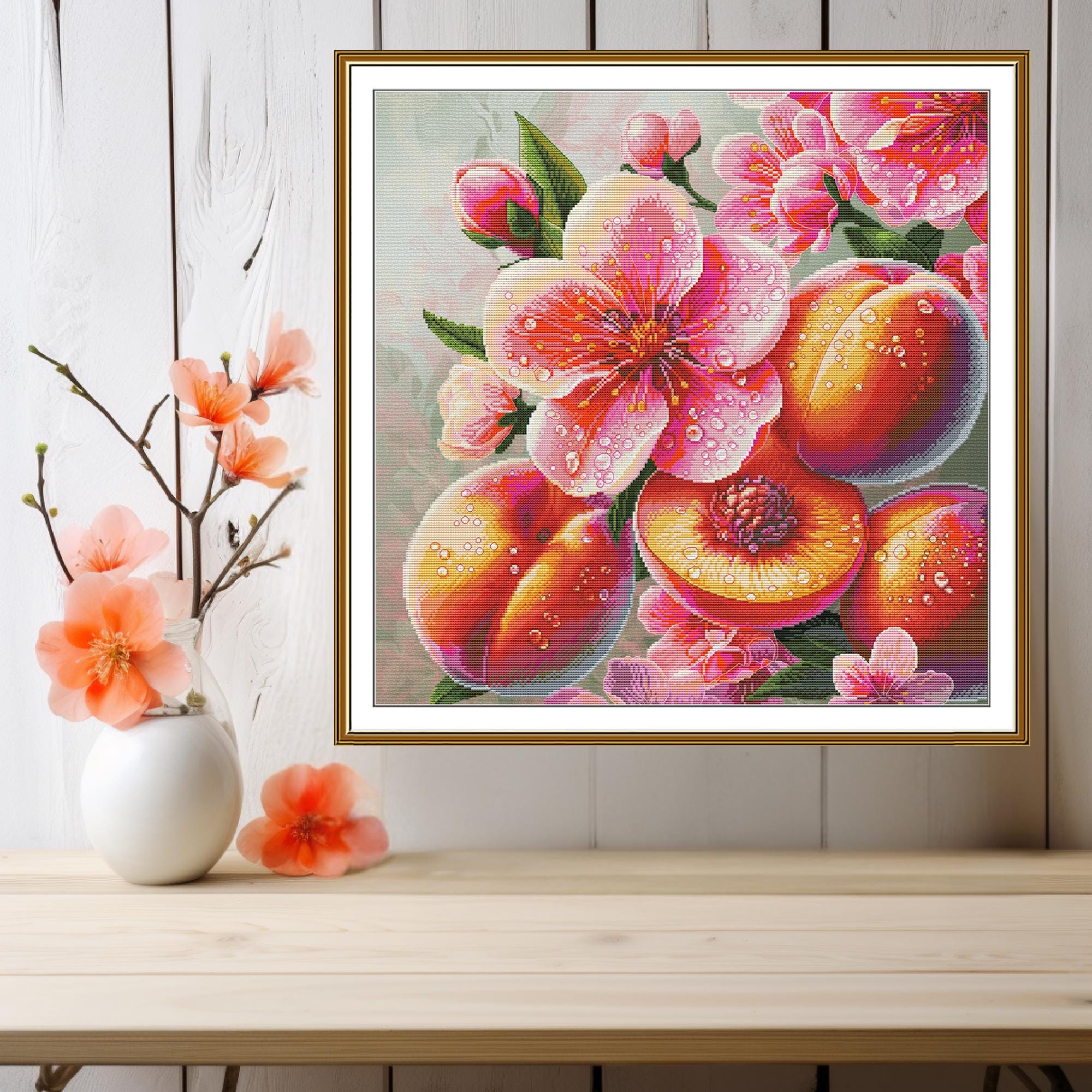 Peach Blossom Cross Stitch Kit | Summer Garden Embroidery (40x40cm