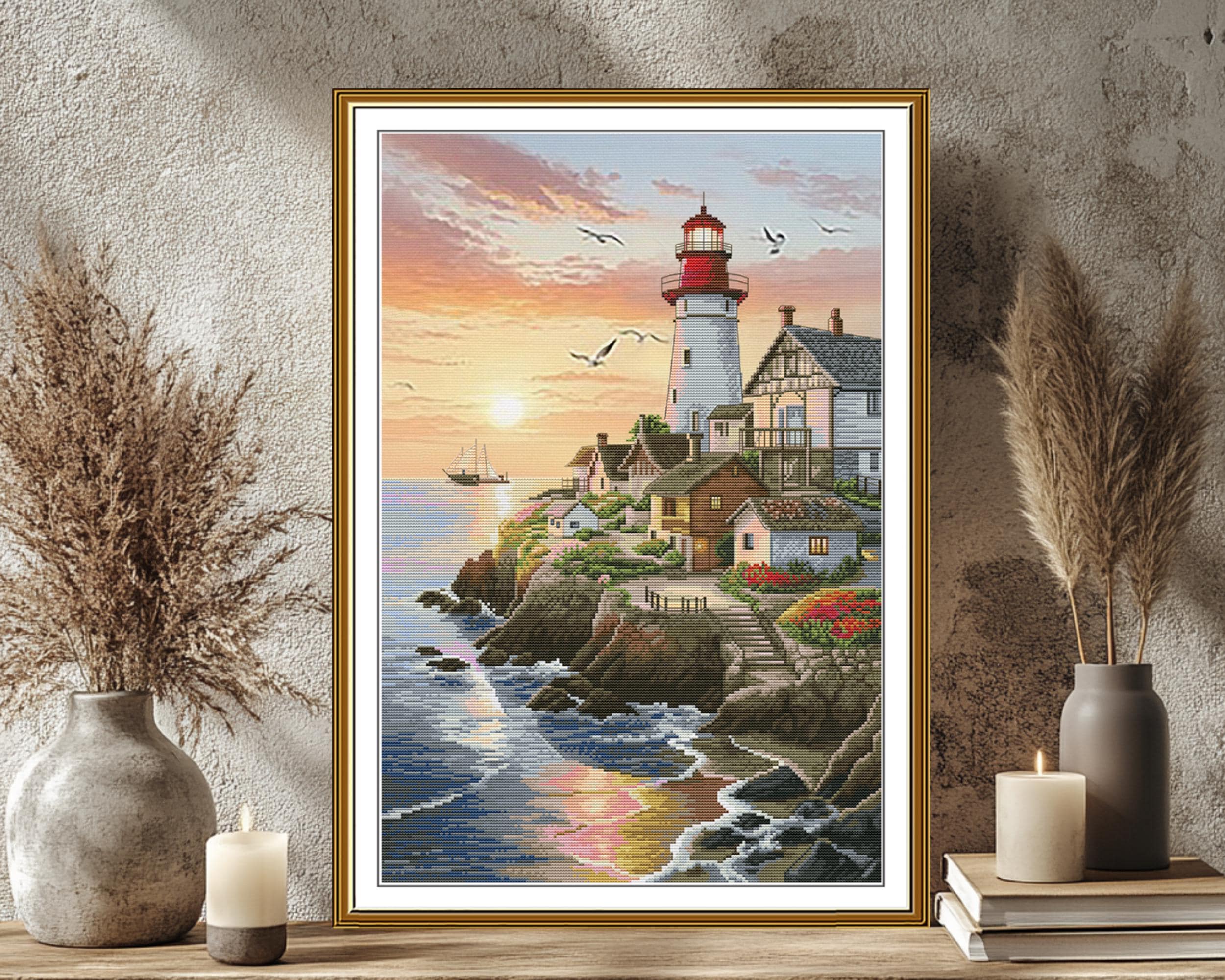 Lighthouse Sunset Cross Stitch Kit | Seaside Town Embroidery, Aida