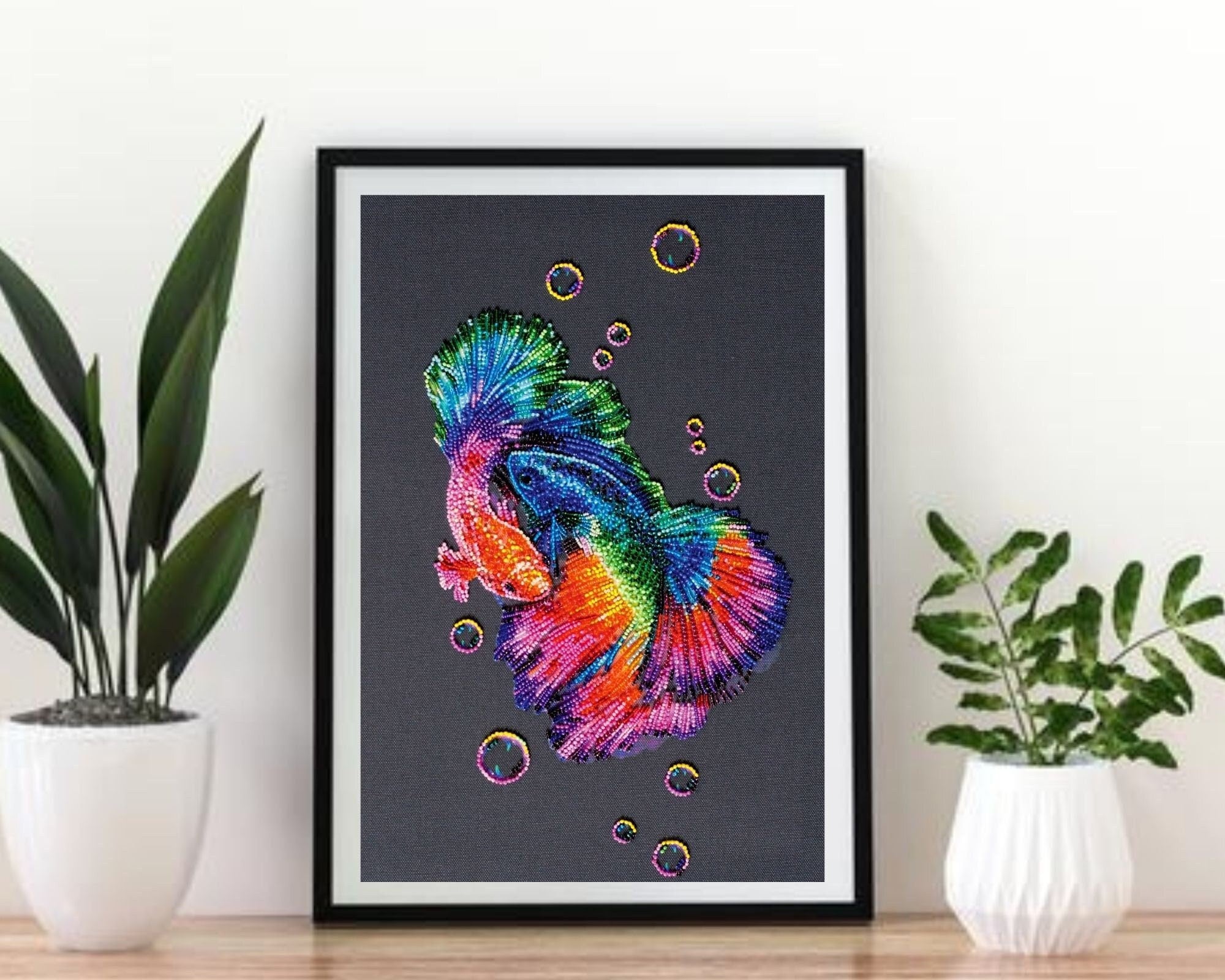 20 Fabulous Fish Crafts For Kids 13 Beaded Embroidery DIY Kit: Rainbow Betta Fish on Art Canvas