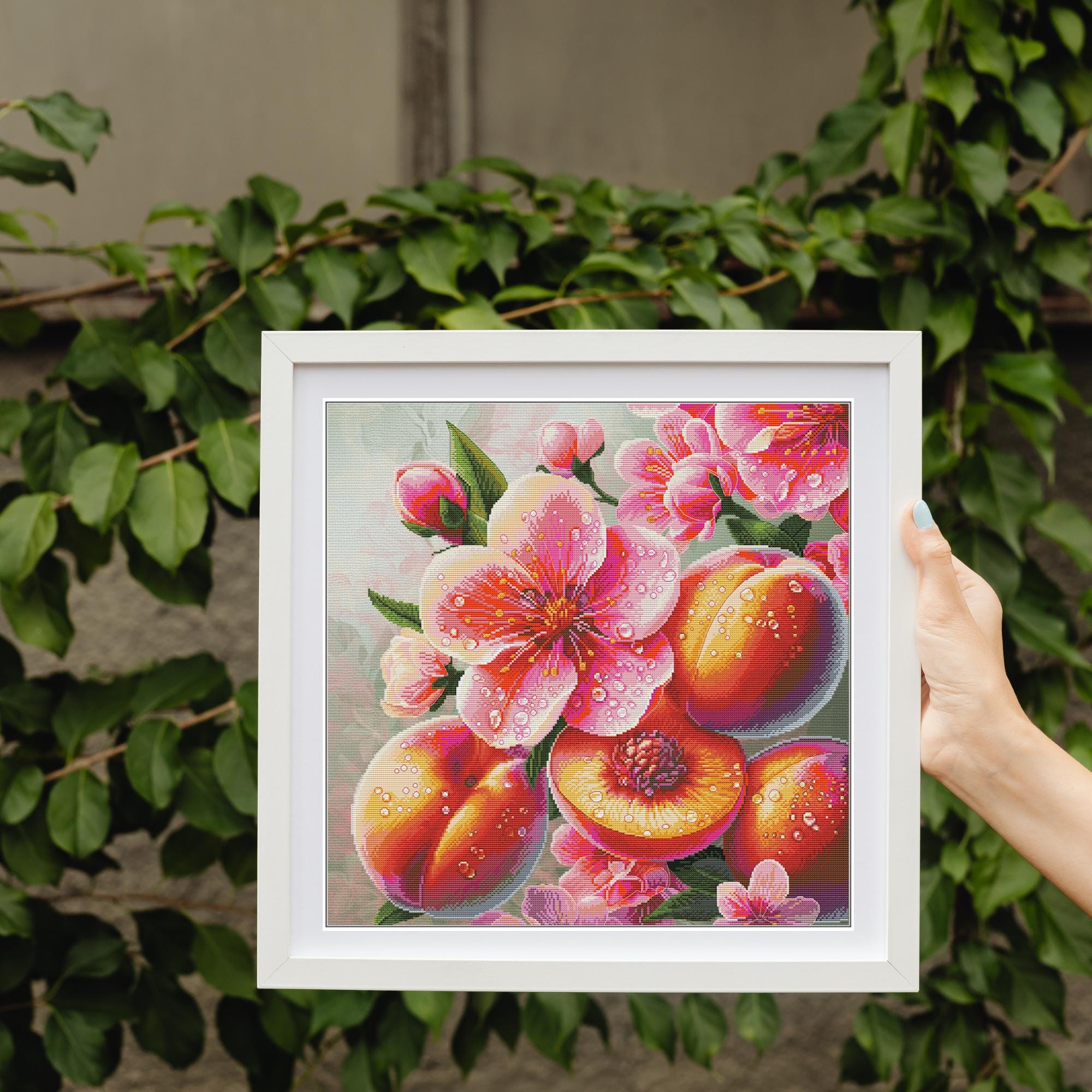Peach Blossom Cross Stitch Kit | Summer Garden Embroidery (40x40cm