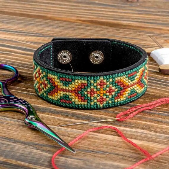 Cross stitch Kit on Artificial Leather Bracelet Making Diy cross
