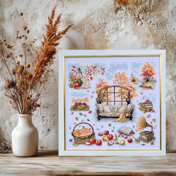 Cozy Autumn Cross Stitch Kit – Hygge Fall Embroidery, DMC Threads