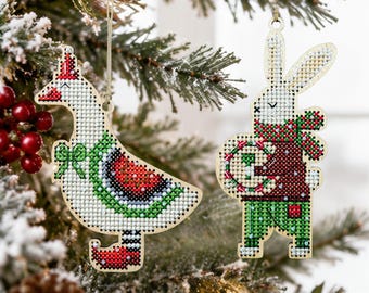 Wooden Cross Stitch Ornament Kits, Christmas Goose and White Bunny, Choose One or Both