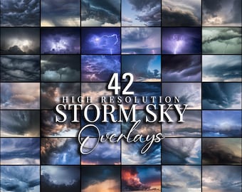 Superposiciones de cielo tormentoso para edición en Photoshop / Efectos dramáticos de rayos y nubes / 42 JPG de alta resolución