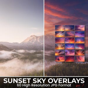 60 Sunset Sky Overlays | Warm Golden Hour and Serene Skies for Photoshop & Editing