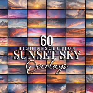 Superposiciones de cielo al atardecer para edición en Photoshop / Hora dorada y cielos románticos / 60 JPG de alta resolución