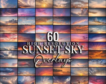 Superposiciones de cielo al atardecer para edición en Photoshop / Hora dorada y cielos románticos / 60 JPG de alta resolución