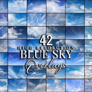 May include: A collection of 42 high resolution blue sky overlays featuring various cloud formations, including wispy cirrus, fluffy cumulus, and expansive blue horizons, with the text 42 HIGH RESOLUTION BLUE SKY Overlays centered.