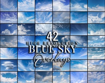 May include: A collection of 42 high resolution blue sky overlays featuring various cloud formations, including wispy cirrus, fluffy cumulus, and expansive blue horizons, presented in a grid layout with the text 42 HIGH RESOLUTION BLUE SKY Overlays.