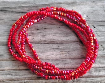 Red Seed Bead Stretch Bracelet Set, stackable, friendship, dainty