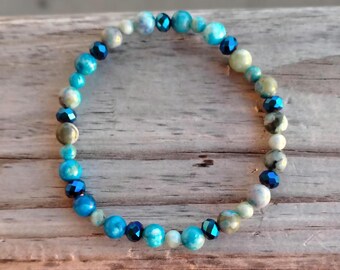 Turquoise jaspis stretcharmband met blauwe edelsteen geslepen glaskralen, stapelbaar, sierlijke, natuurlijke edelsteen, aards