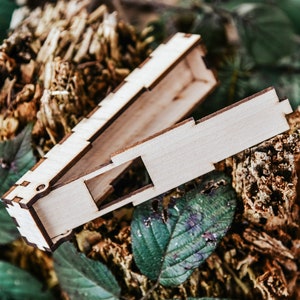 Pu&ograve; includere: Una piccola scatola di legno con un coperchio incernierato. La scatola &egrave; realizzata in legno chiaro e ha un design semplice e rettangolare. La scatola &egrave; aperta e si trova su un letto di fogliame marrone e verde.