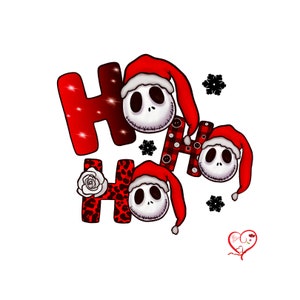 May include: Red and black "Ho Ho Ho" Christmas design featuring three Jack Skellington characters wearing Santa hats. The characters are surrounded by snowflakes and a red heart.