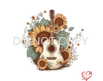 May include: A white acoustic guitar with a floral design featuring sunflowers and green leaves. The guitar is surrounded by sunflowers and leaves.