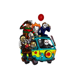 May include: A blue and green van with a red balloon on top.  The van is filled with horror movie characters, including Freddy Krueger, Jason Voorhees, Michael Myers, and Leatherface.