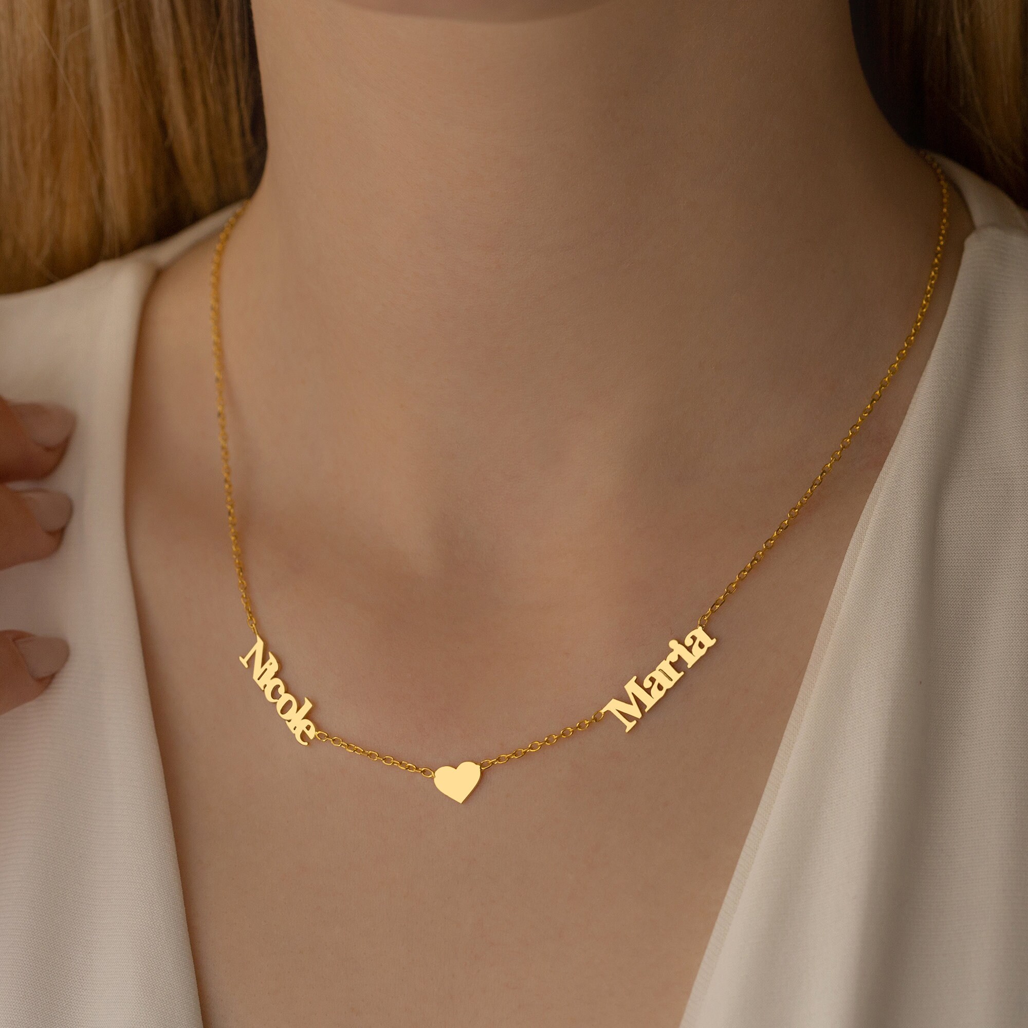 thumbnail image 2 of Joolsie Co. Personalized Sterling Silver Two-Name Plate Necklace – 18" Figaro Chain, Heart Charm – Custom Engraved, Handmade USA 2 of 3