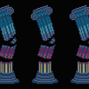 Op de afbeelding: Drie pixel art afbeeldingen van een gebroken zuil in tinten blauw, paars en geel tegen een zwarte achtergrond. De zuil is in drie stukken, met een decoratief kapiteel op het bovenste gedeelte. De tekst "BAD Stitch" staat rechtsonder.