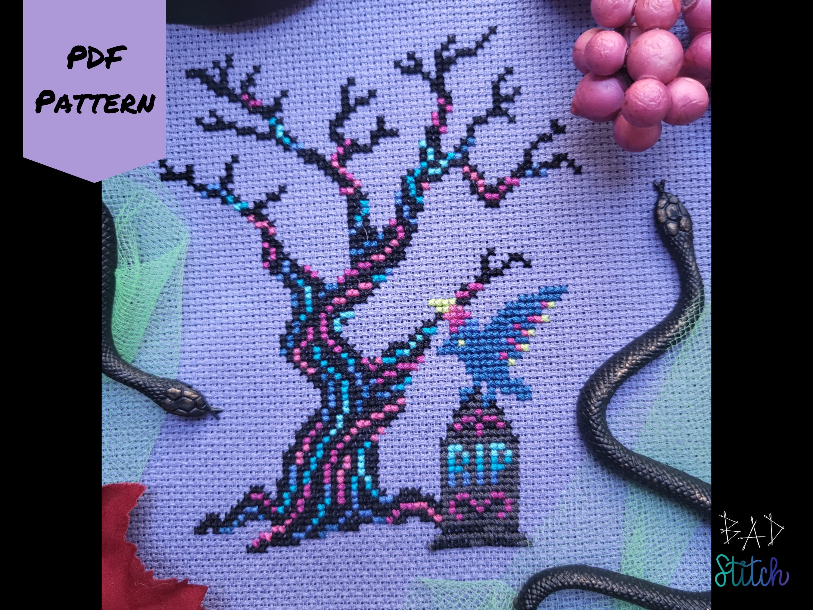 Electric Elegy Cross Stitch pattern, neon vaporwave gothic design, Halloween spooky project, neon goth, instant download pdf