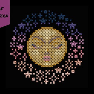 May include: A cross-stitch pattern featuring a celestial design. The image showcases a golden-yellow moon with a face, surrounded by a ring of stars in shades of pink, purple, and blue, set against a black background. Text reads "PDF PATTERN" and "BAD Stitch".