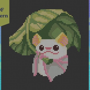 May include: Cross stitch pattern featuring a white mouse wearing a pink bow and a green leaf hat. The pattern is on a black background with the text "PDF Pattern" in a green box.