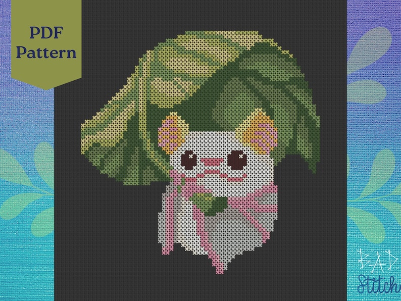 May include: Cross stitch pattern featuring a white mouse wearing a pink bow and a green leaf hat. The pattern is on a black background with the text "PDF Pattern" in a green box.