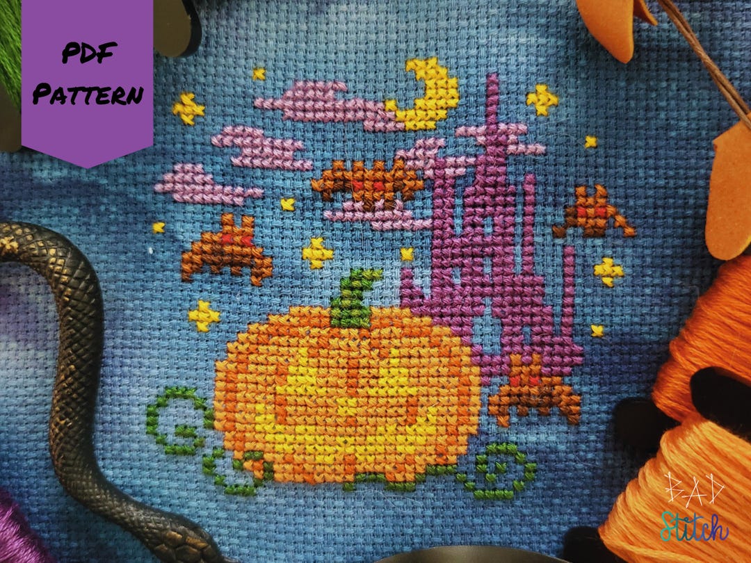 Spooky Season Cross Stitch Pattern, Halloween Bat Pumpkin Design ...